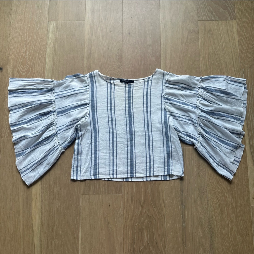 Women’s Flowy Ruffle Sleeve Boxy Crop Nautical Stripe Blue White Summer Large - Picture 8 of 10